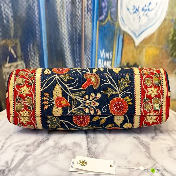 Tory Burch Tapestry Embroidered Barrel Bag Floral Carpet Navy Red Gold GUC - Picture 12 of 14